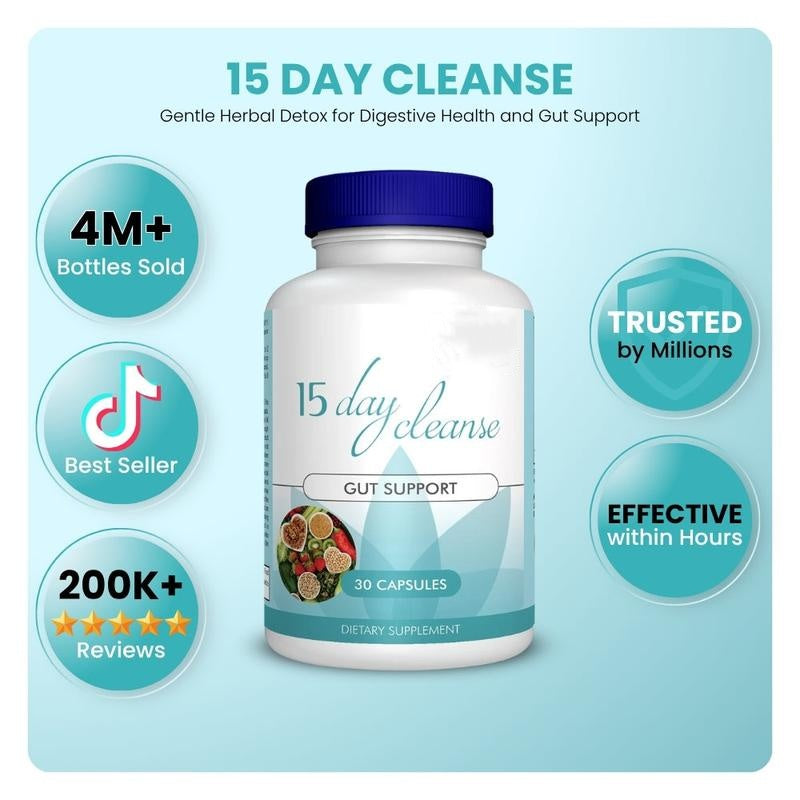 15 Day Cleanse - Gut and Colon Support | Caffeine Free | Advanced Formula with Senna, Cascara Sagrada, & Psyllium Husk | Non-GMO | 30 capsules