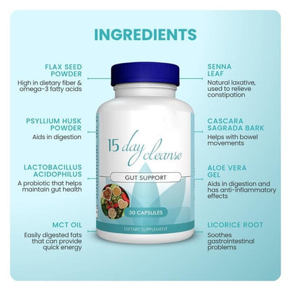 15 Day Cleanse - Gut and Colon Support | Caffeine Free | Advanced Formula with Senna, Cascara Sagrada, & Psyllium Husk | Non-GMO | 30 capsules