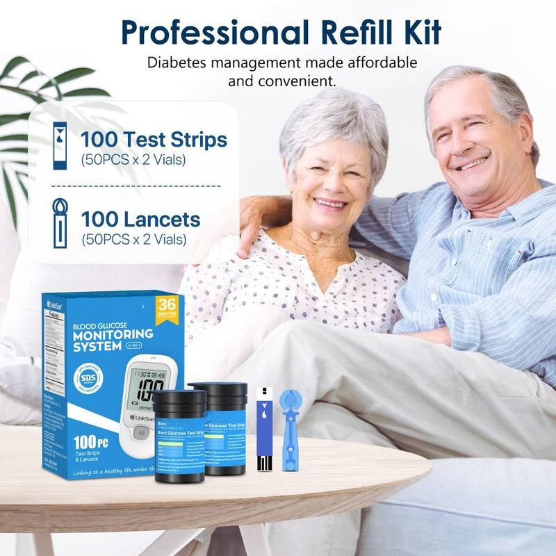 Blood Sugar Monitor Kit – No-Coding Meter, 100/50 Test Strips, Lancets, Lancing Device, Large Display-Free shipping